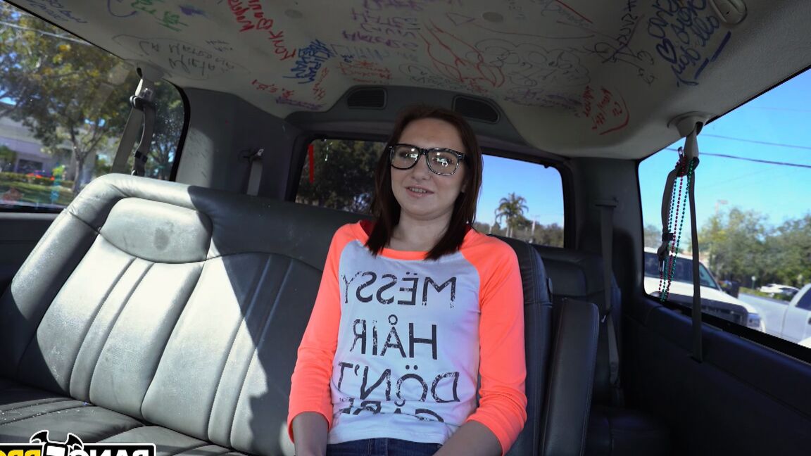 21P Nerdy brunette girl Kelsey Kage gets her twat filled in the back of a van