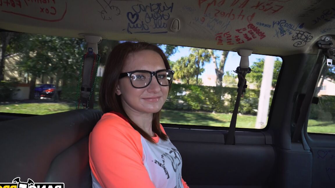 21P Nerdy brunette girl Kelsey Kage gets her twat filled in the back of a van