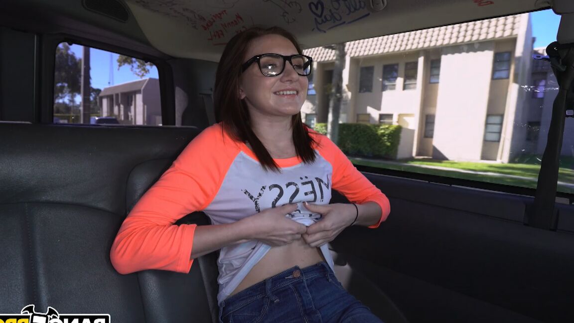 21P Nerdy brunette girl Kelsey Kage gets her twat filled in the back of a van