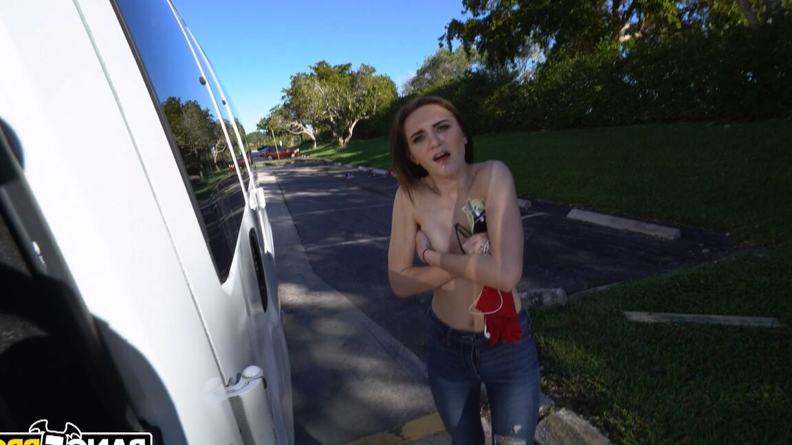 21P Nerdy brunette girl Kelsey Kage gets her twat filled in the back of a van
