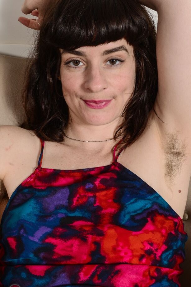 21P Dark haired amateur Jane Vervain reveals her hairy twat and armpits in a solo