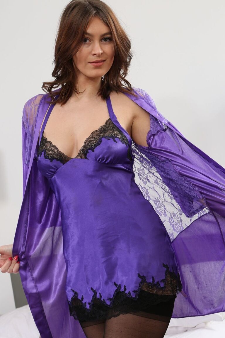 21P Busty model Summer losing purple silk nightgown and posing in black stockings