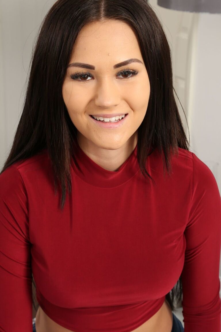 21P Adorable teen Daisy Rose strips her jeans and reveals nice boobs in nylons