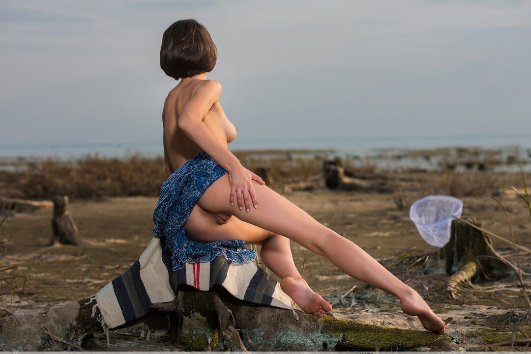 16P La belle teen brune Davina P enlève ses vêtements tout en chassant les papillons