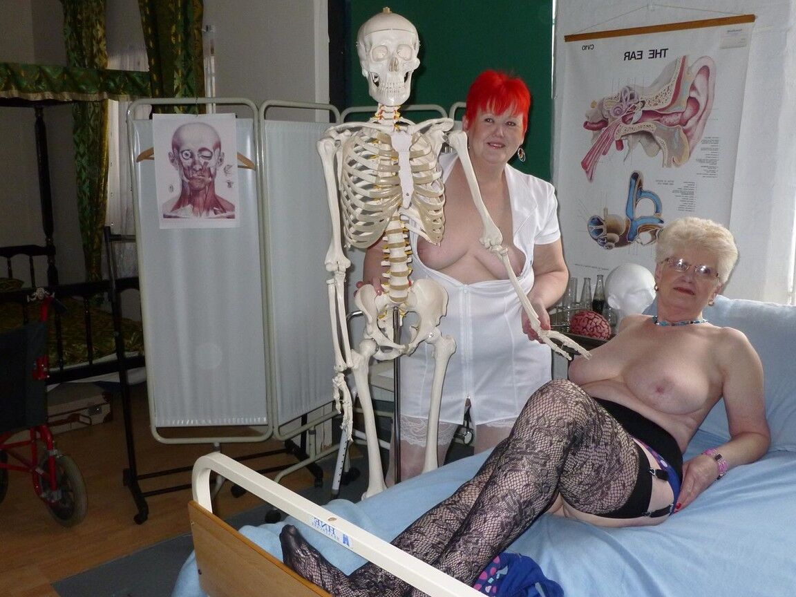 20P Redheaded nurse Valgasmic Exposed and a busty older lady play with a skeleton