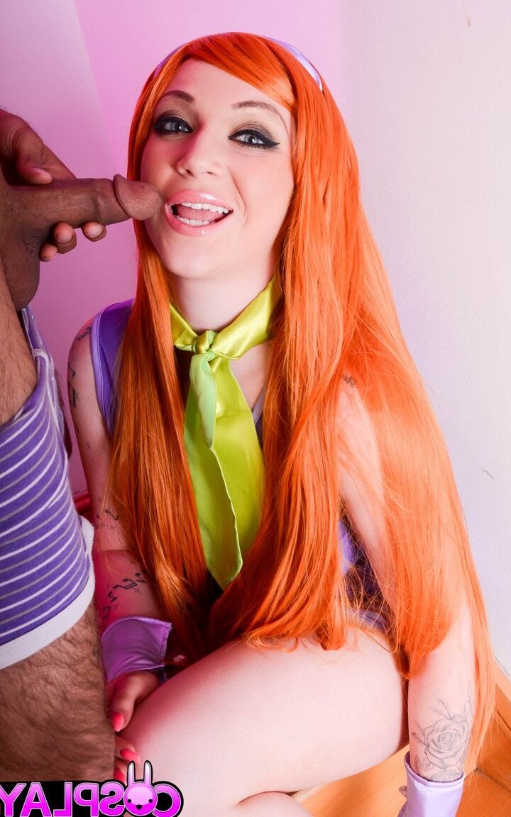 14P Redhead chick Harmony Reigns has sex on the stairs in a cosplay outfit