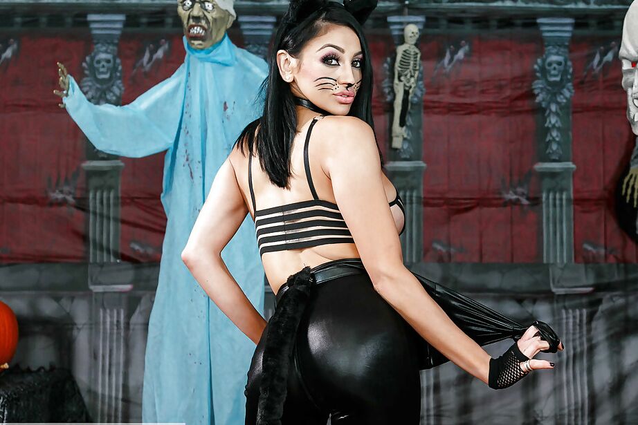 16P La beauté brune Audrey Bitoni pose en tenue et maquillage de femme chat.