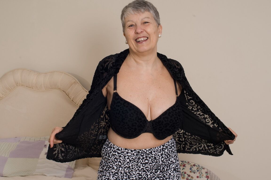 16P Grey haired gran from the UK strips to her silk underwear and nylons