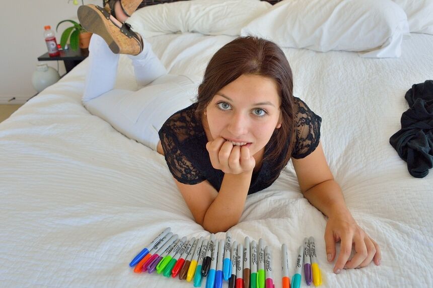 15P Innocent teen girl rides a huge butt plug and inserts sharpies into her pussy
