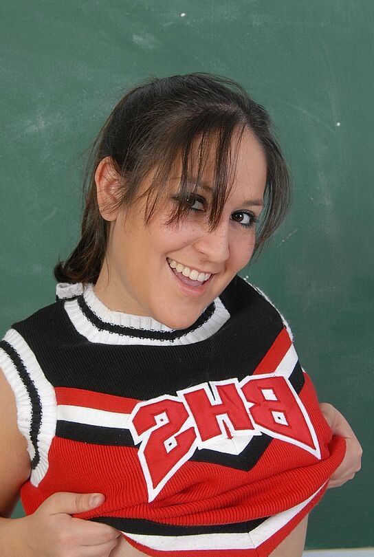 14P Latina cheerleader flashes tits in classroom after a peek at upskirt panties