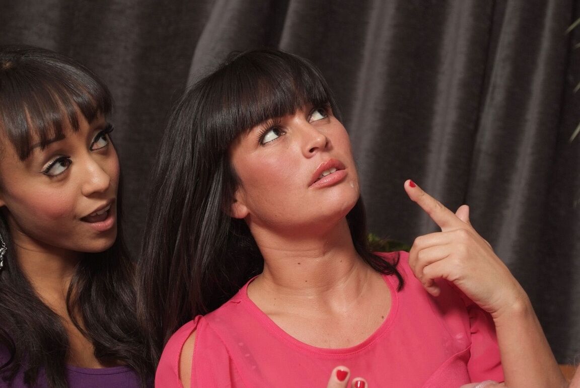 21P Clothed brunettes Alyssa Divine & Stephanie Blows give a lucky dude a blowjob