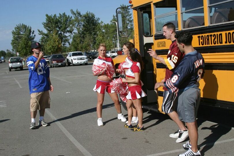 16P Three slutty cheerleaders starting a fervent orgy in the school bus