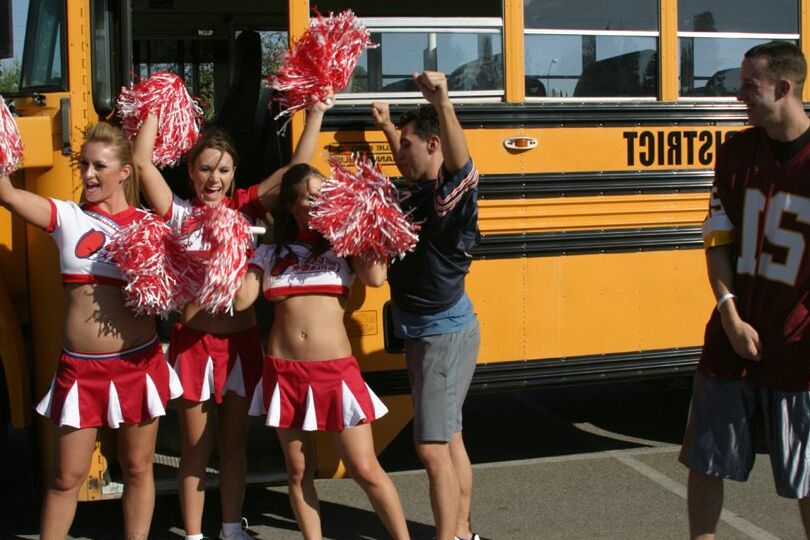 16P Three slutty cheerleaders starting a fervent orgy in the school bus