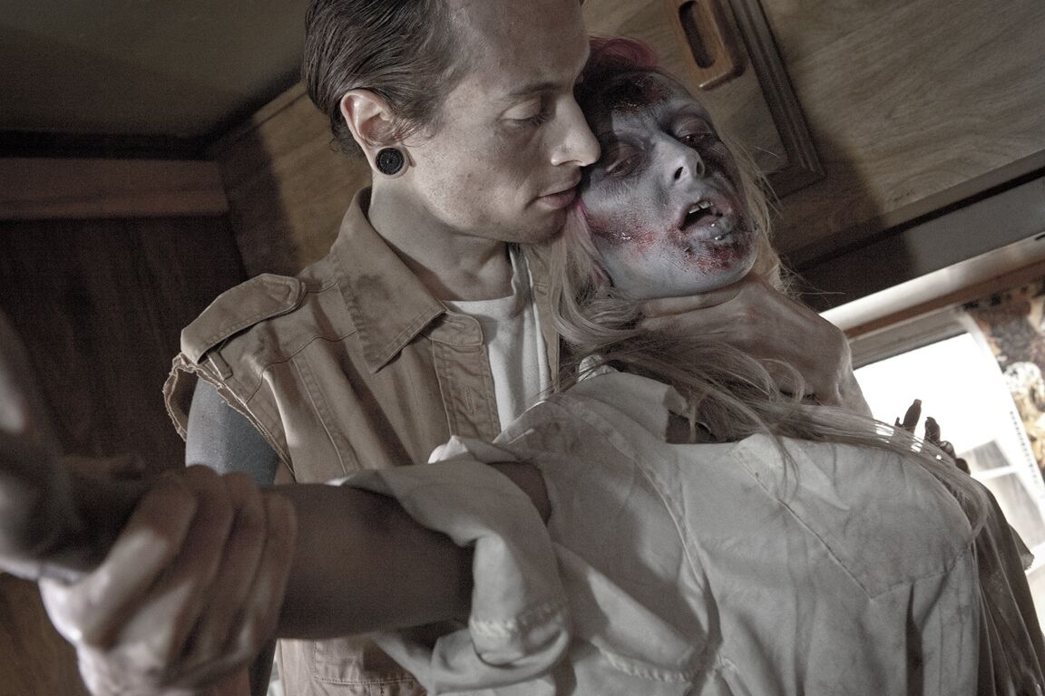 17P 2 punk girls in scary makeup tongue kiss at end of a 3some parody