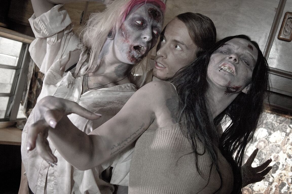 17P 2 punk girls in scary makeup tongue kiss at end of a 3some parody