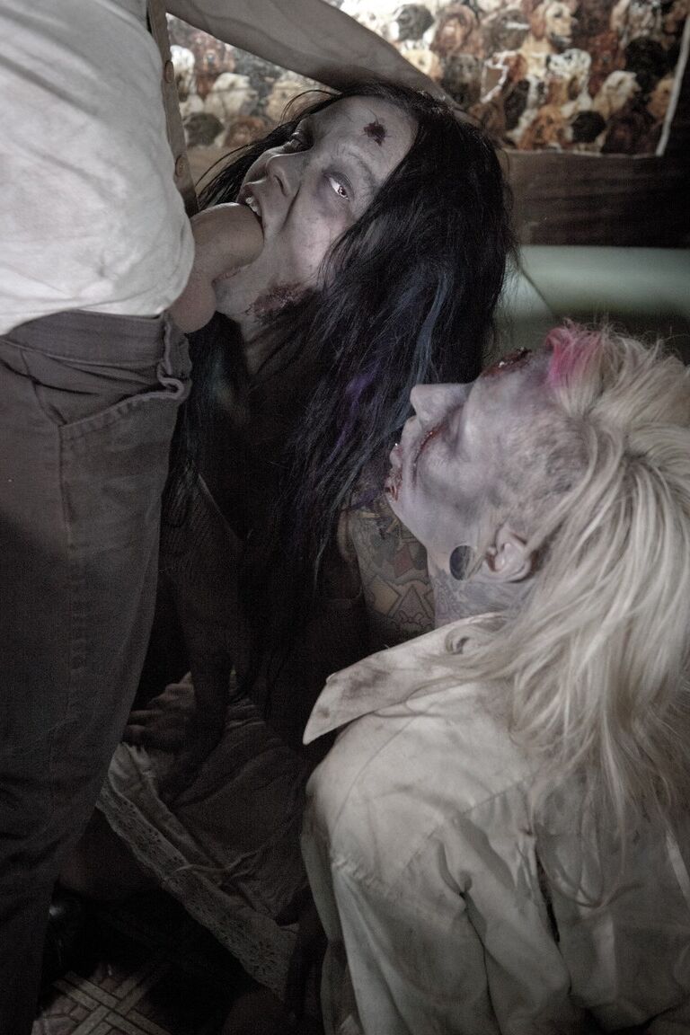 17P 2 punk girls in scary makeup tongue kiss at end of a 3some parody