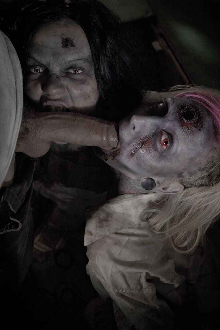17P 2 punk girls in scary makeup tongue kiss at end of a 3some parody
