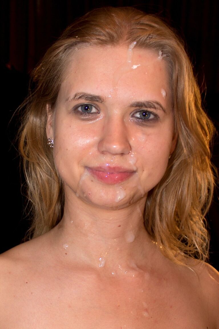 21P Beautiful blonde Violette sucks a huge white dong and takes a facial