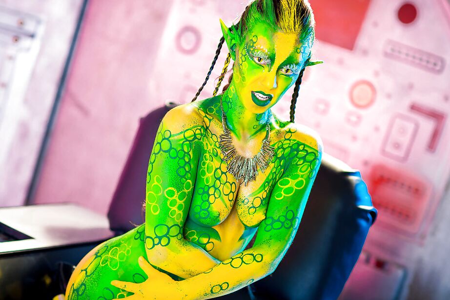 16P Kinky cosplay chick Tiffany Doll posing in body paint uniform and spreading