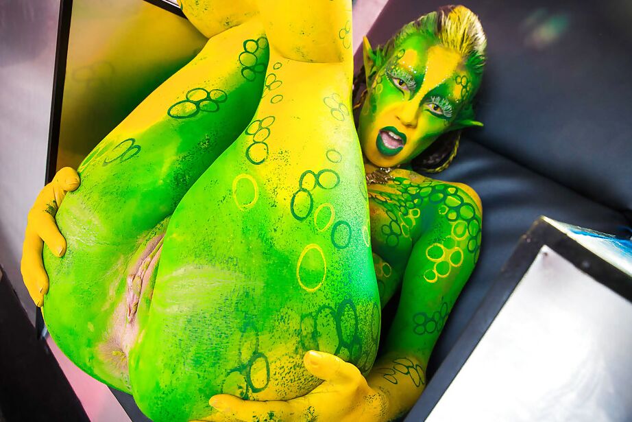 16P Kinky cosplay chick Tiffany Doll posing in body paint uniform and spreading