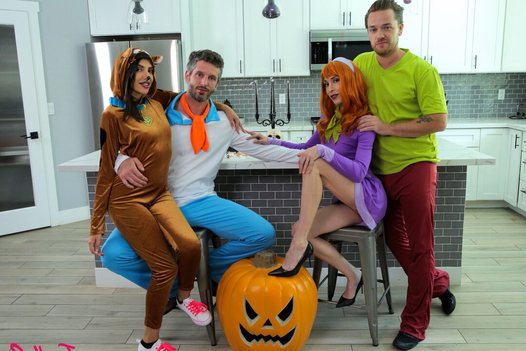 16P Aiden Ashley and Hime Marie partake in a cosplay foursome at Halloween