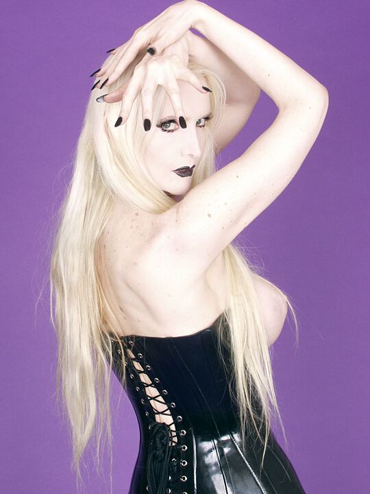 13P Stacked goth blonde in latex corset, stockings