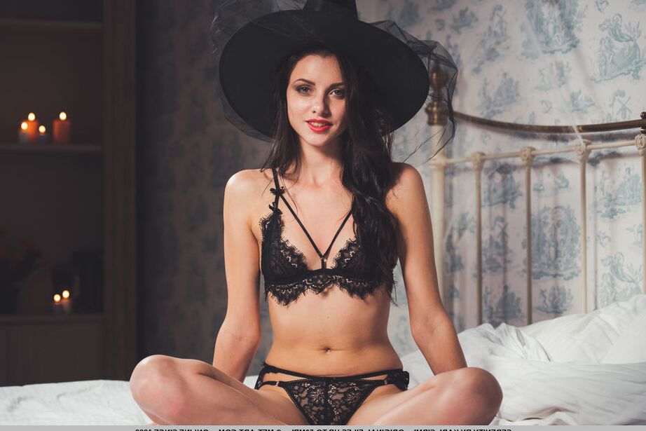18P Sweet teen Serenity showcases her tight slit while wearing a Witch's hat