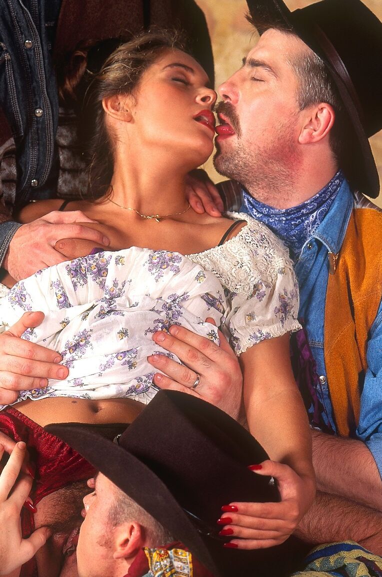 12P Saloon worker with a really hairy cunt fucks two cowboys in from the fields