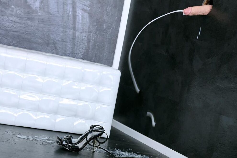 15P Clothed female takes off her heels before getting covered in jizz at gloryhole