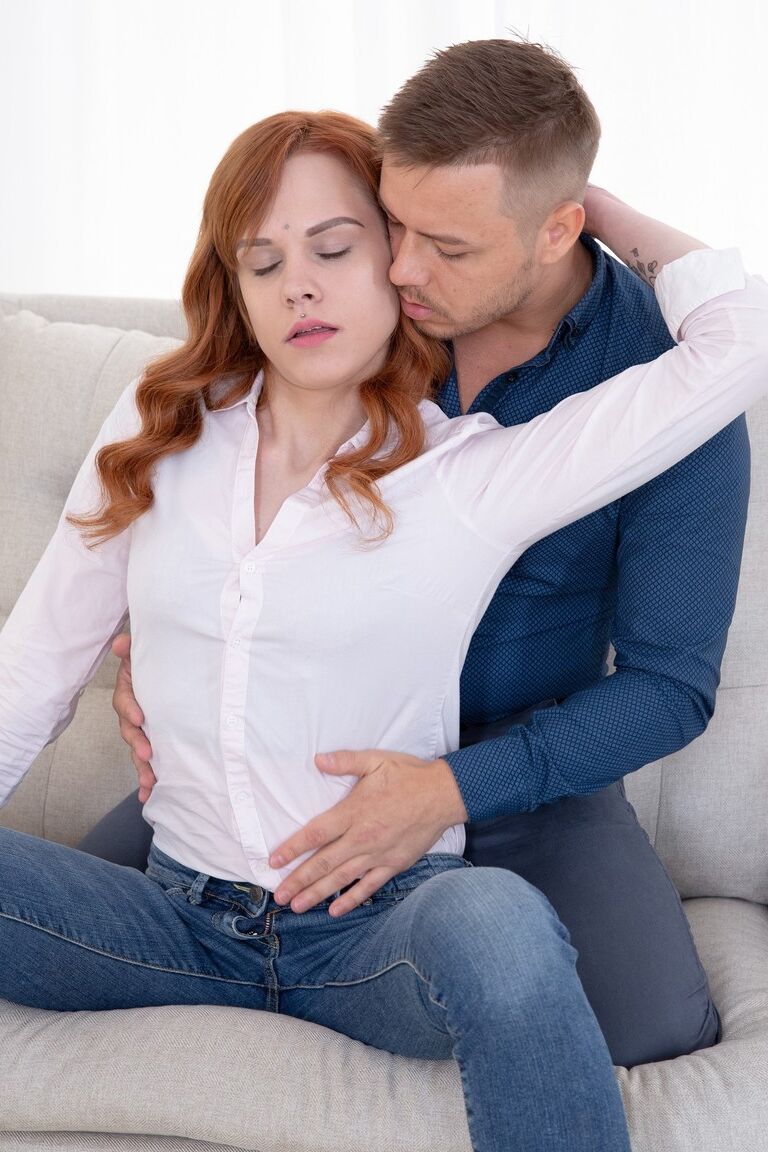 21P Redhead Russian Mary Solaris kneels to suck a knob and gets nailed hard