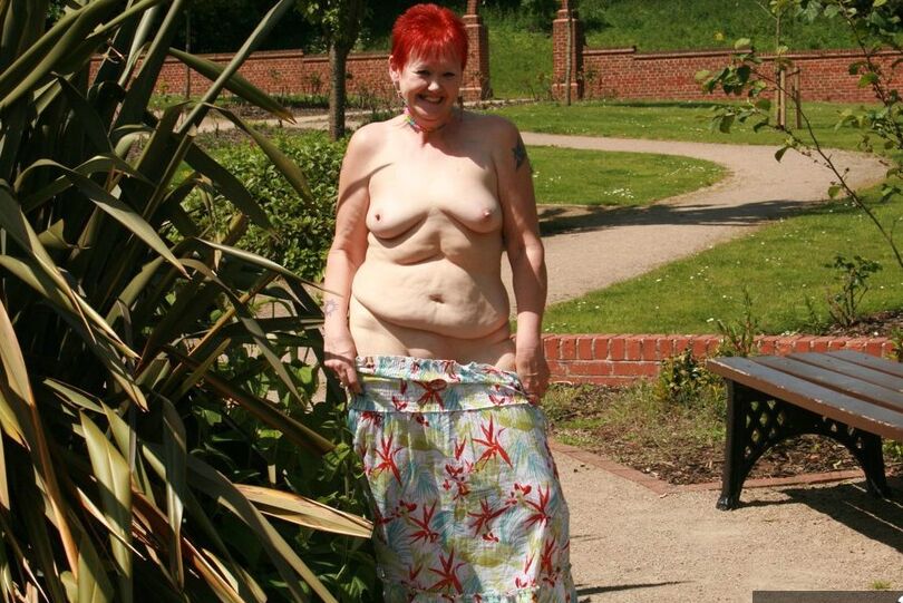 20P Older redhead Valgasmic Exposed gets totally naked in a public park