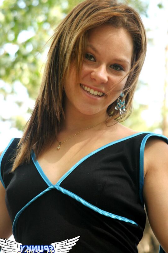 12P Nice teen Kandie uncovers her perky tits with a no panty upskirt to follow