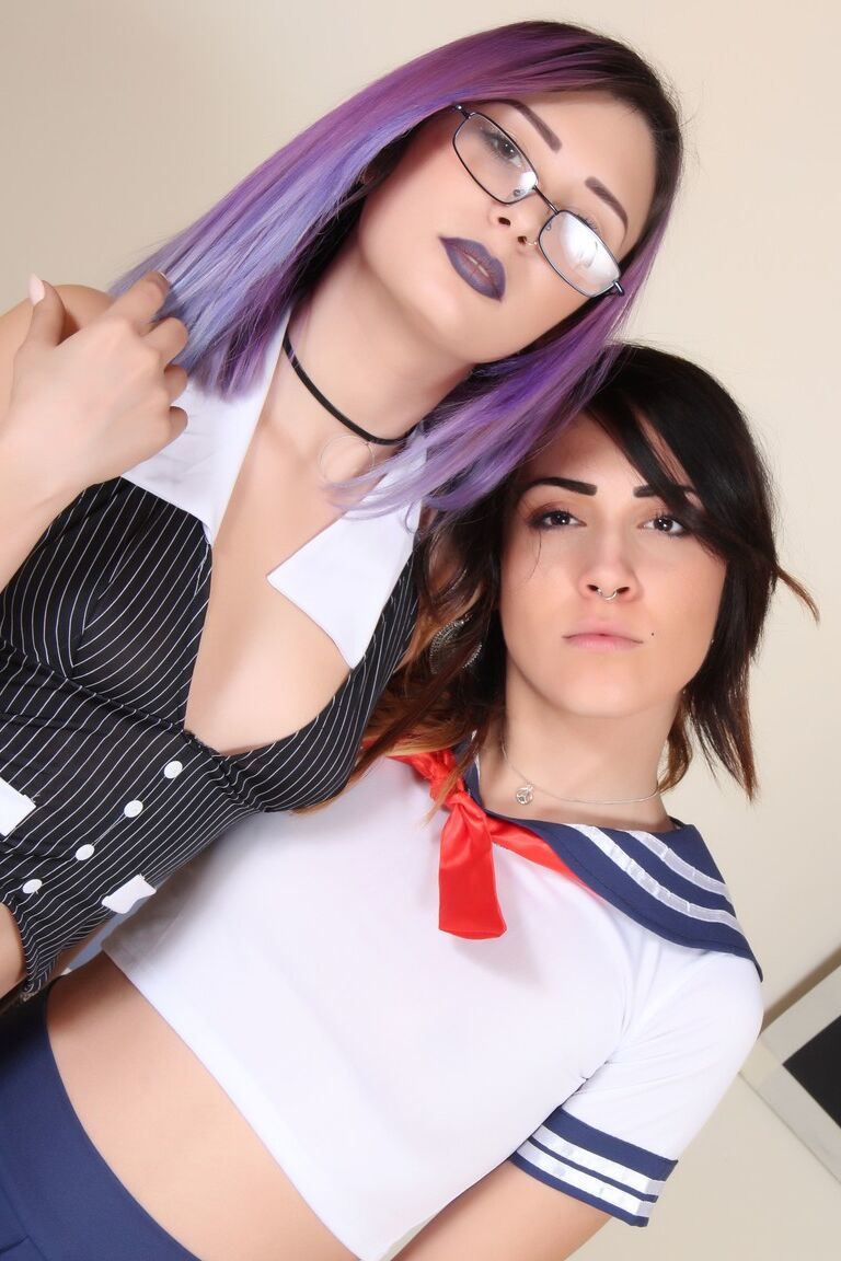 12P Clothed lesbians Aradia and Violet fondle hosiery attired feet
