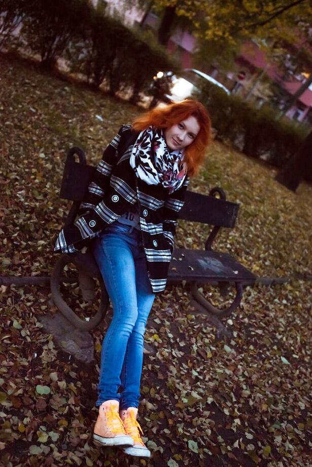 18P Pale redhead Ambre does a slow striptease on way to showcasing her wet pussy