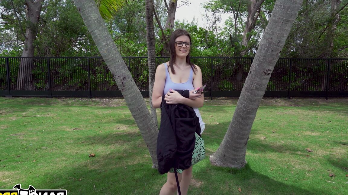 21P Nerdy American brunette Michele James enjoys rough bus sex with a bald dude