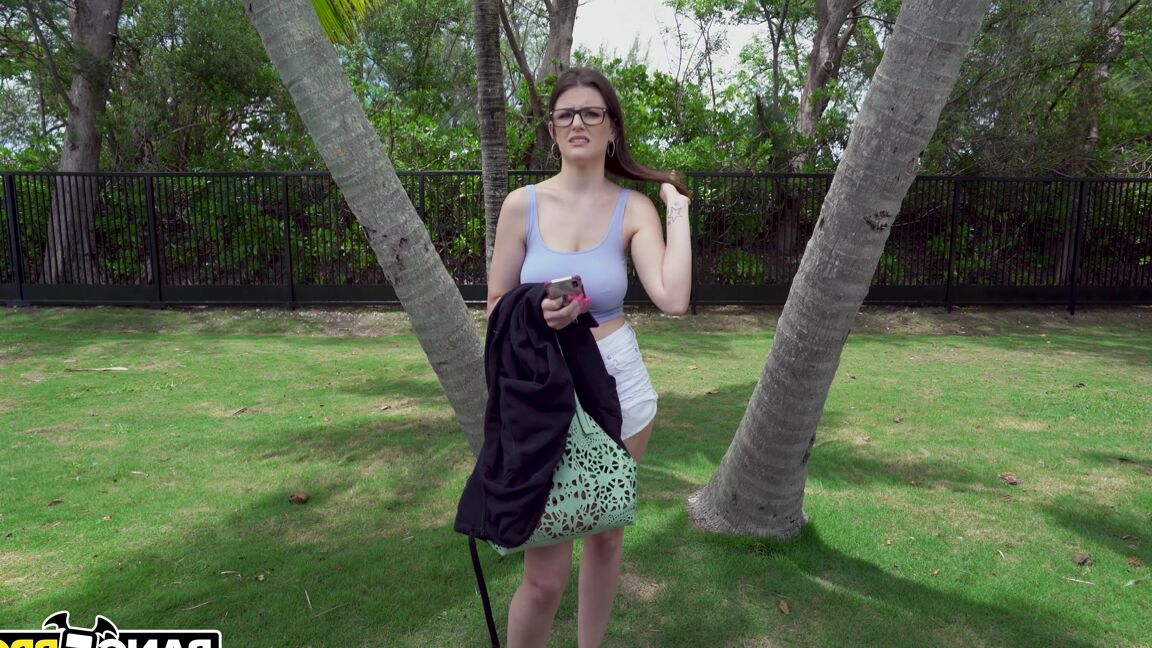 21P Nerdy American brunette Michele James enjoys rough bus sex with a bald dude