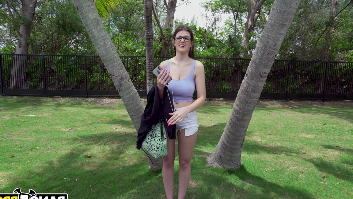 21P Nerdy American brunette Michele James enjoys rough bus sex with a bald dude