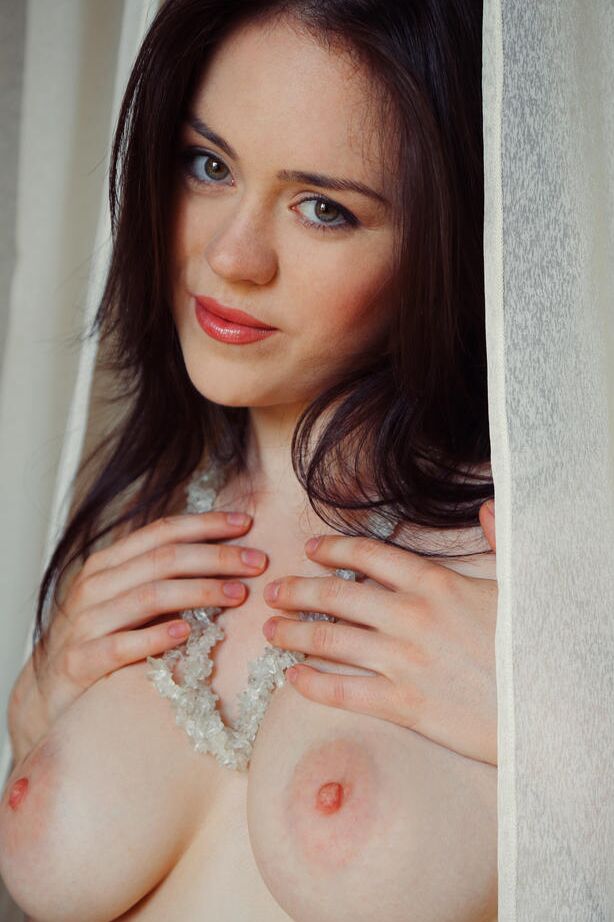 18P Dark haired Euro Annis A displaying smooth pink pussy in white stockings