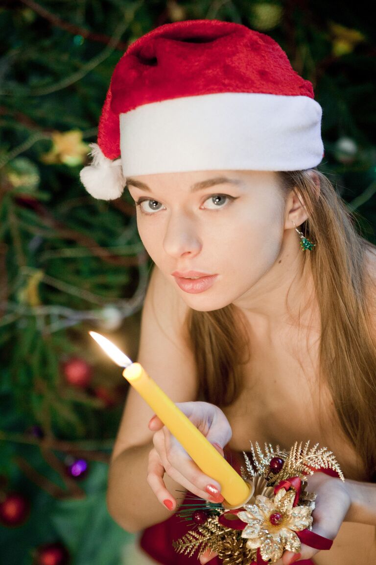 21P Sweet cutie with tiny tits Milena D reveals her hairy twat in Xmas clothes