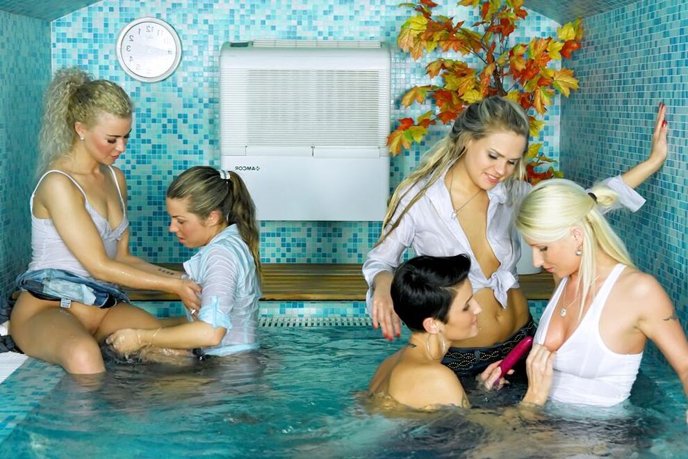 15P Hot teens caught masturbating joined in the pool by stepmom for lesbian orgy