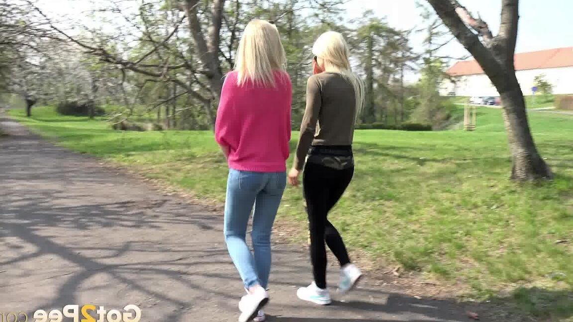 15P Blonde girls Debora & Vanessa Hell squat to pee on a path while out for a walk