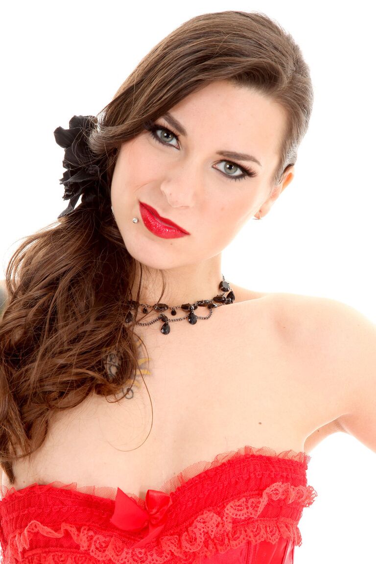 15P Beautiful girl Dandelion removes a corset to pose nude in mesh stockings