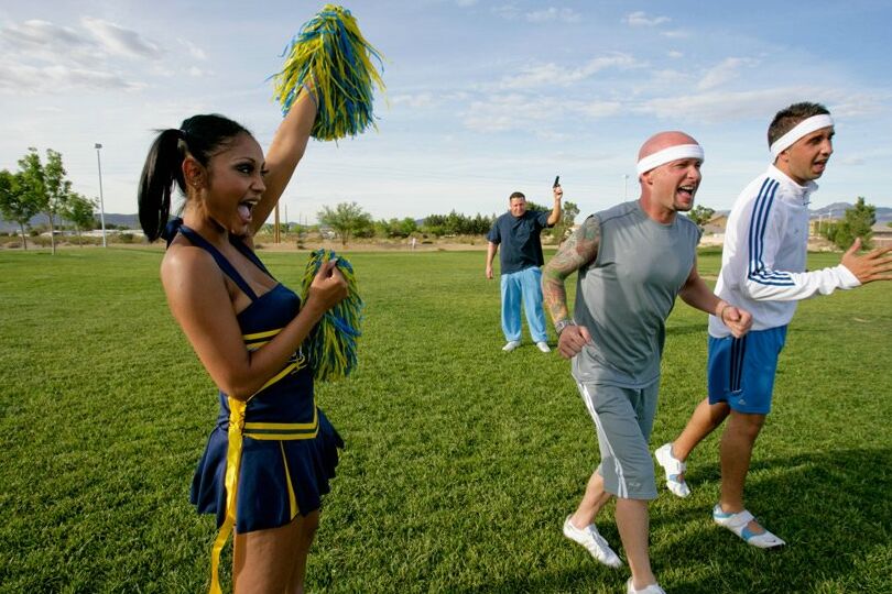 17P Hot Priya Anjali Rai works on her cheerleader routine with three dudes