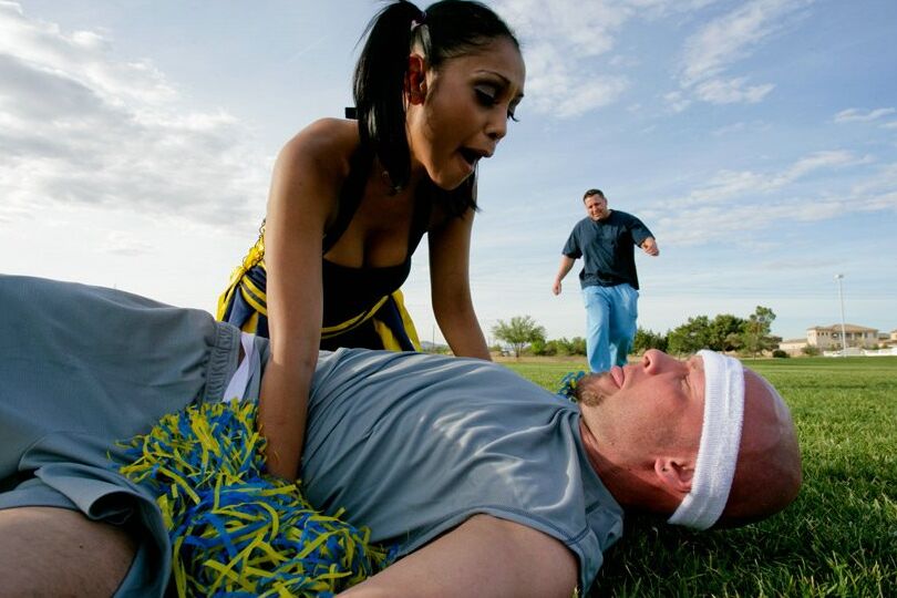 17P Hot Priya Anjali Rai works on her cheerleader routine with three dudes