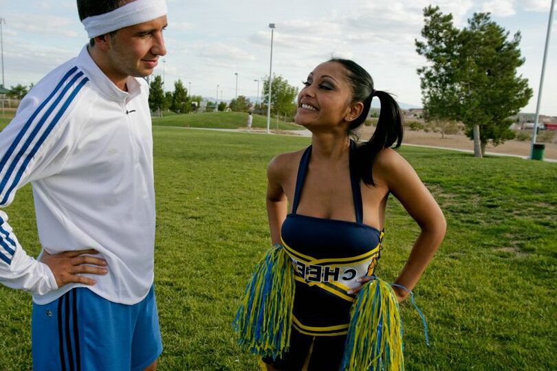 17P Hot Priya Anjali Rai works on her cheerleader routine with three dudes