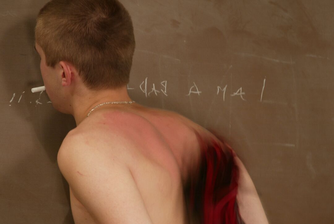 16P Redhead teacher makes a student write on board in the nude while flogging him