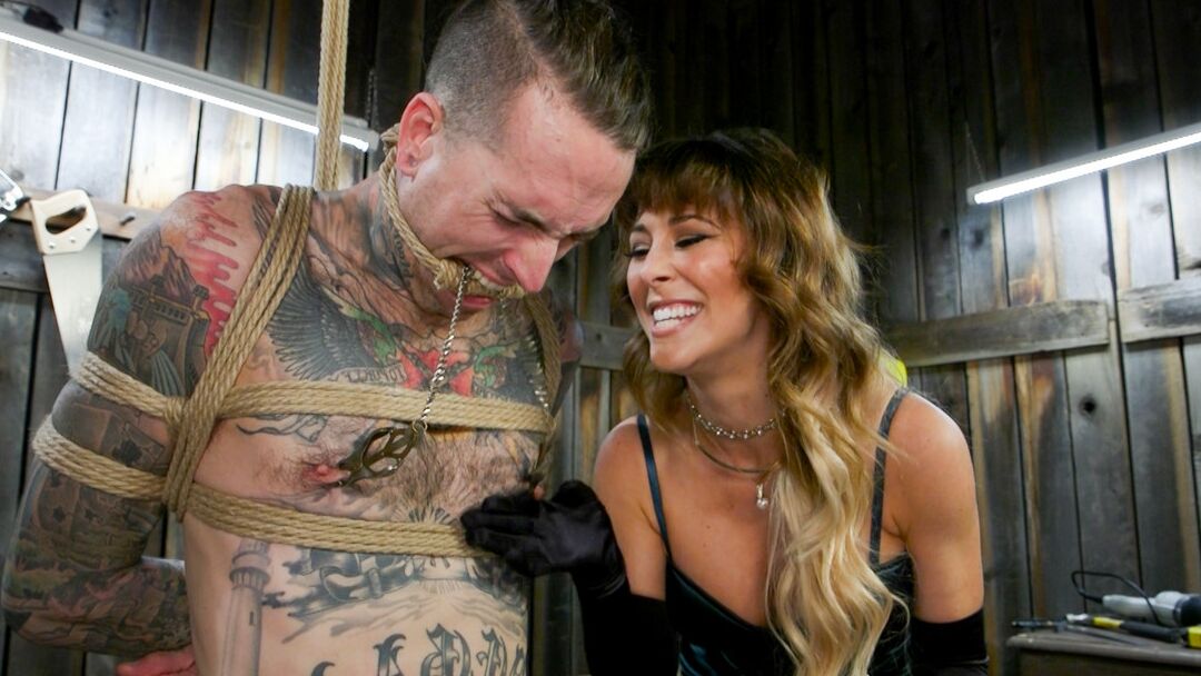20P Busty dominatrix Cherie DeVille pegs and fucks her tied up inked slave