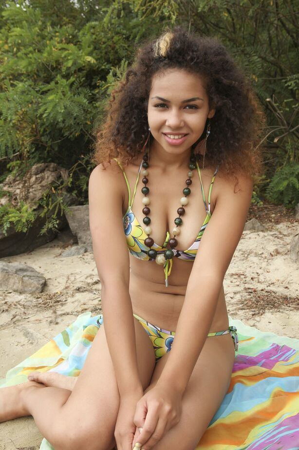 18P La nena de ébano sara nicole exponiendo sus pequeñas tetas adolescentes en la playa durante una sesión glamorosa