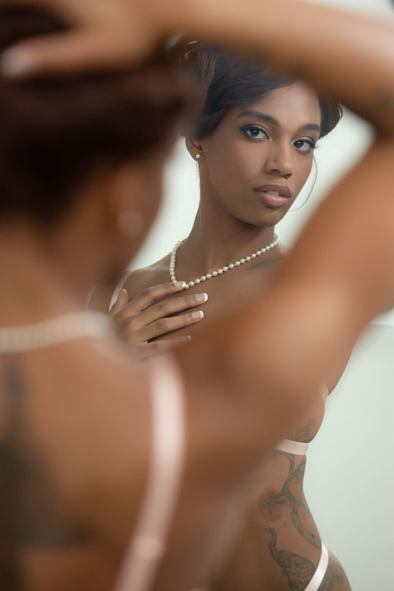 12P Beautiful ebony model Lacey London gets totally naked in front of a mirror
