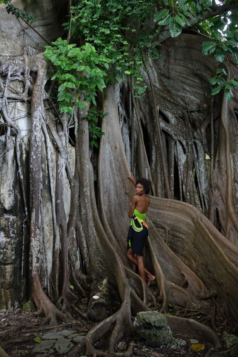 16P The sublime and slender girl walks in a former prison in Guadeloupe Its